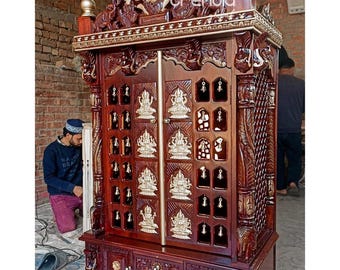 Teak Wood Pooja Mandir with Intricate Detailing