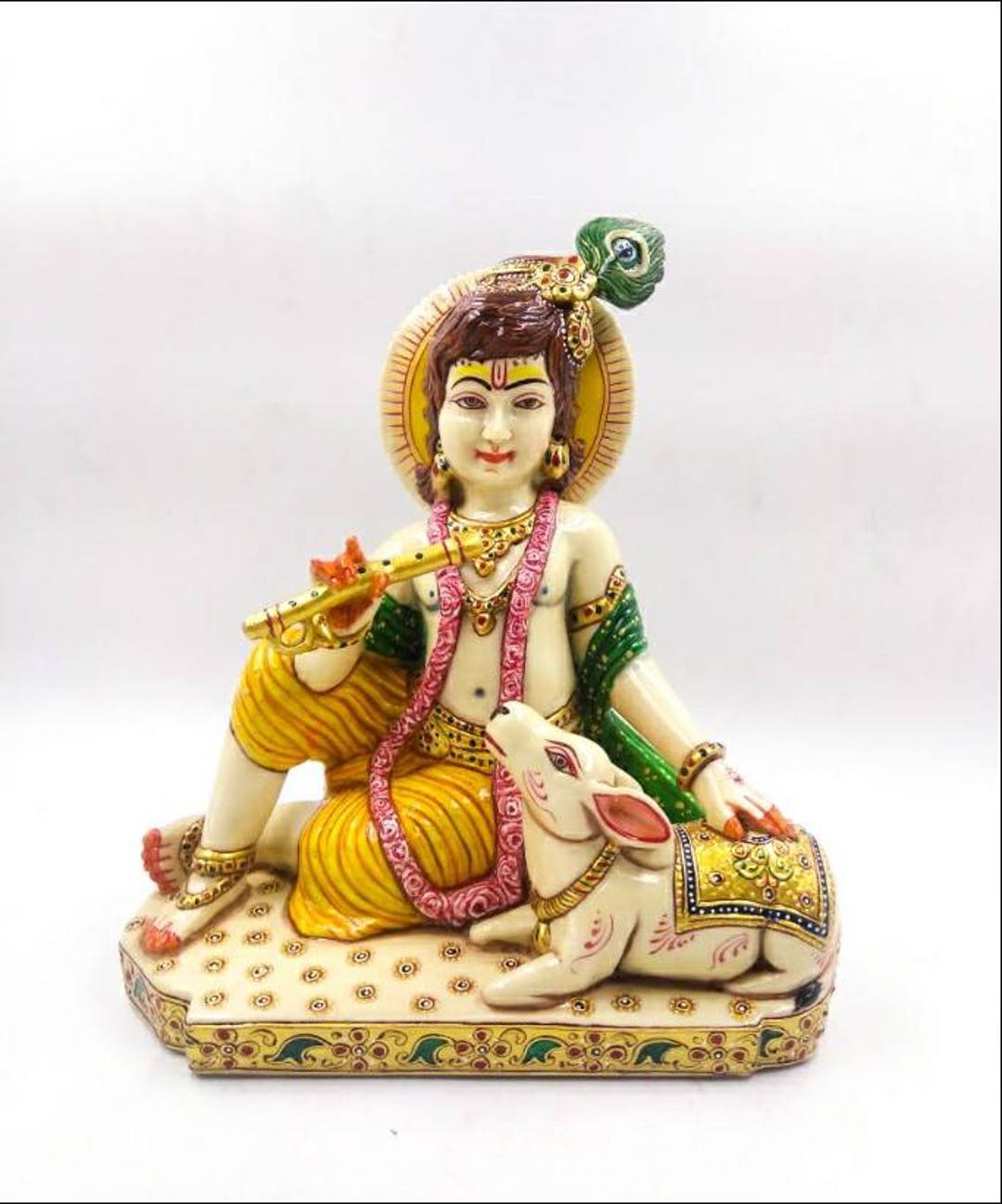 10 Inch Bal Krishna Sitting With Cow Calf Resin Idol - Etsy