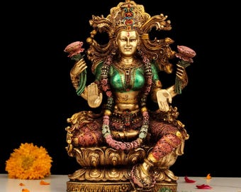 Hand-Painted Resin Goddess Lakshmi Idol: Golden Puja Decor, 9-Inch