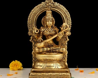 10.5 Inch Handcrafted Brass Goddess Saraswati