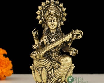 2.5 Inch Brass Saraswati Statue - Goddess of Knowledge & Arts (50g)