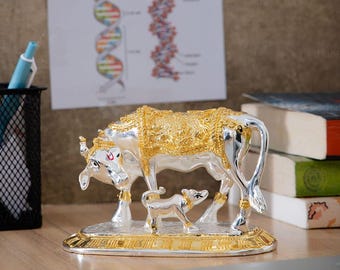 Gold & Silver Plated Kamdhenu Cow with Calf Idol: Vastu Puja Decor