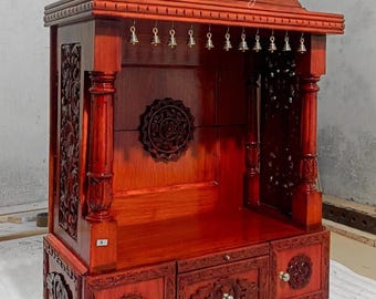 Solid Teak Wood Pooja Mandir with Temple Bells