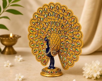 6 Inch Metal Peacock Figurine with Stone Work