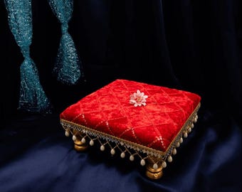 8x8 Inch Red Pooja Chowki for Mandir & Idols