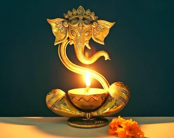 9-Inch Ganesha Lamp – Traditional Brass Oil Diya for Puja, Home Décor & Spiritual Gifts
