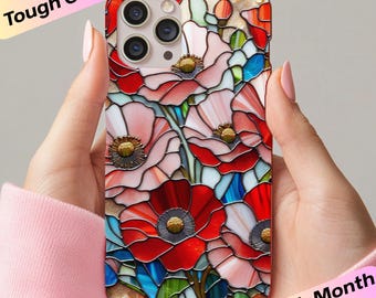 iPhone case | Poppy Stained Glass | August Birth Flower, Shock Absorbent