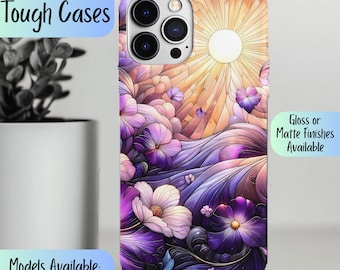 iPhone Tough Phone Case Stained Glass Design Vibrant Purple Pattern Religious Gift Durable Protective Cases Phone Accessories