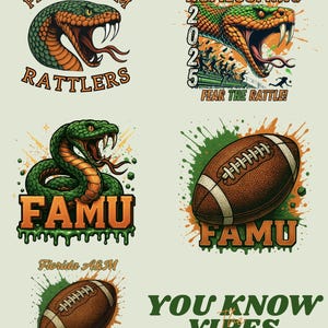 Op de afbeelding: Een verzameling grafische ontwerpen met de Florida A&M University Rattlers. Ontwerpen omvatten een slangmascotte, American footballs en tekst met de tekst "FAMU Homecoming 2025" en "You Know Vibes."