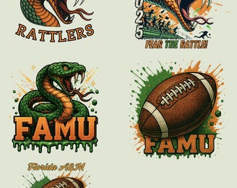 May include: A collection of graphic designs featuring the Florida A&M University Rattlers. Designs include a snake mascot, footballs, and text that reads "FAMU Homecoming 2025" and "You Know Vibes."