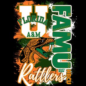 May include: A graphic design featuring the Florida A&M Rattlers logo. The design includes a stylized snake, the words "FAMU" and "Rattlers", and the text "Florida A&M" in green and orange on a black background. The year "1887" is also included.