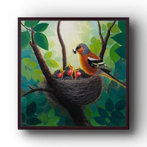 Original painting with frame  , 12”/12”  Bird  painting  , ready to hang , wall decor