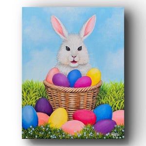 Easter decor , easter bunny with easter eggs  original painting , rabbit painting , easter gift