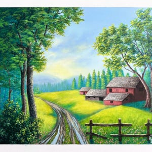Original landscape painting of countryside barn morning nature view, realistic landscape painting , small artwork for wall decor