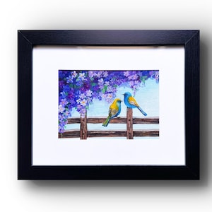 8”/10” original painting with frame , mini canvas painting , miniature artwork , small painting signed , flower painting ,  Bird painting