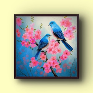 Birds with cherry blossom flowers original acrylic painting 12”/12”