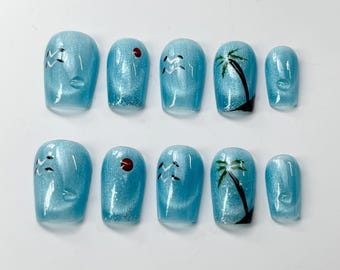 Under the Coconut Tree Blue Cat Eyes-gelnagels | Druk op de nagels | Handgemaakte nagels | Middellange korte nagels | Nagelkunst | Nepnagels Doodskistnagels
