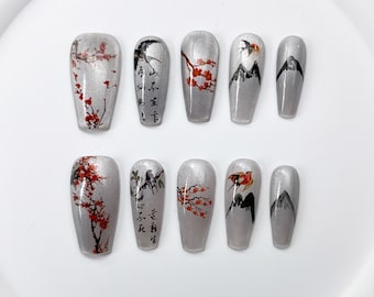 Élégants nouveaux ongles en gel yeux de chat de style chinois | Presse sur les ongles | Ongles faits main | Ongles longs moyens courts | Clous de cercueil moyens