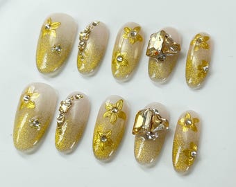 Luxus Mirador Champagner Diamant Gelnägel | Drücken Sie auf die Nägel | 100% handgefertigte Nägel | Mittel Kurze Nägel | Nägel Kunst | Fake Nails Sargnägel