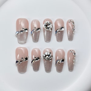 Elegant Pink Cat Eyes Gel Nails | Press on Nails | Handmade Nails | Long Medium Short Nails | Nails Art | Fake Nails Medium Coffin Nails