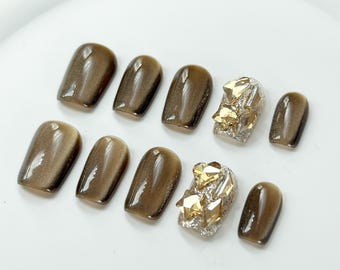 Luxus Mirador Champagner Diamant Gelnägel | Drücken Sie auf die Nägel | 100% handgefertigte Nägel | Mittel Kurze Nägel | Nägel Kunst | Fake Nails Sargnägel