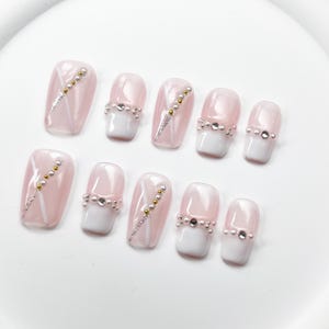 French Pink White Gel Nails | Press on Nails | Handmade Nails | Long Medium Short Nails | Holiday Nail | Medium Square Nails | Nails Art