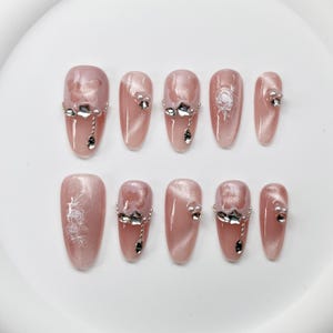 Luxury Aurora Ribbon Cat Eyes Gel Nails | Press on Nails | Handmade Nails | Long Medium Short Nails | Holiday Nail | Oval Nails