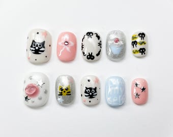 Cute Cartoon Black Cat Gel Nails | Press on Nails | 100% Handmade Nails | Medium Short Nails | Nails Art | Fake Nails | Jelly Nails For her