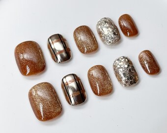 Autumn Cat's Eye Melody Color Plaid Vintage Gel Nails | Press on Nails | 100% Handmade Nails | Medium Short Nails | Nails Art | Fake Nails