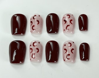 Uñas de gel con diseño de leopardo burdeos y ojo de gato de cristal / Uñas postizas / Uñas 100% hechas a mano / Uñas medianas y cortas / Arte de uñas / Uñas postizas estilo ataúd
