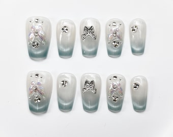 Ongles en gel de luxe français papillon oeil de chat | Presse sur les ongles | Ongles faits main | Ongles longs moyens courts | Ongles des Fêtes | Clous de cercueil