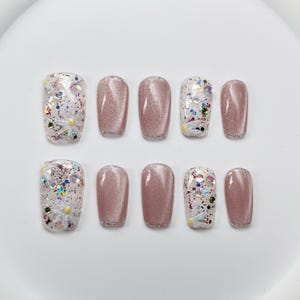 Luxury Blossom Pink Cat&#39;s eye Flower Gel Nails | Press on Nails | Handmade Nails | Long Medium Short Nails | Holiday Nail | Coffin Nails