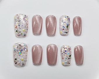 Ongles en gel fleurs oeil de chat roses Luxury Blossom | Presse sur les ongles | Ongles faits main | Ongles longs moyens courts | Ongles des Fêtes | Clous de cercueil