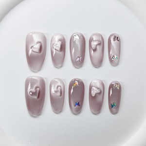 French White Peach Pink love Cat eyes Gel Nails | Press on Nails | Handmade Nails | Medium Short Nails | Nails Art | Fake Nails Coffin Nails