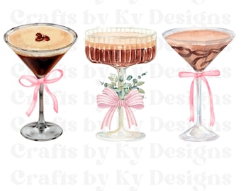 May include: Three watercolor illustrations of cocktails with pink ribbons and greenery. The cocktails are a white Russian, an espresso martini, and a chocolate martini.