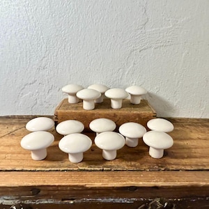 Set of 14 Vintage Ivory Porcelain Drawer Pulls:  Retro Ceramic Cabinet Knobs