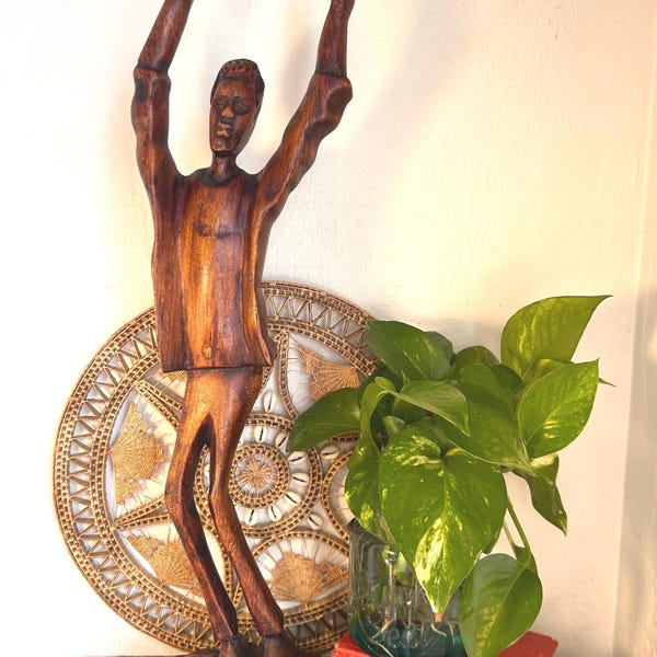 Vintage Joyful Dancing Wooden Man Carving:  Retro Folk Art Sculpture