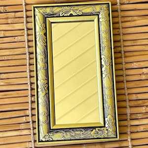 Small Ornate Floral Rectangular Wall Mirror:  Black and Gold Embossed Wooden Frame