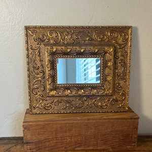 Small Vintage Rectangular Ornate Gold-Toned Decorative Mirror:  Gallery Wall Decor
