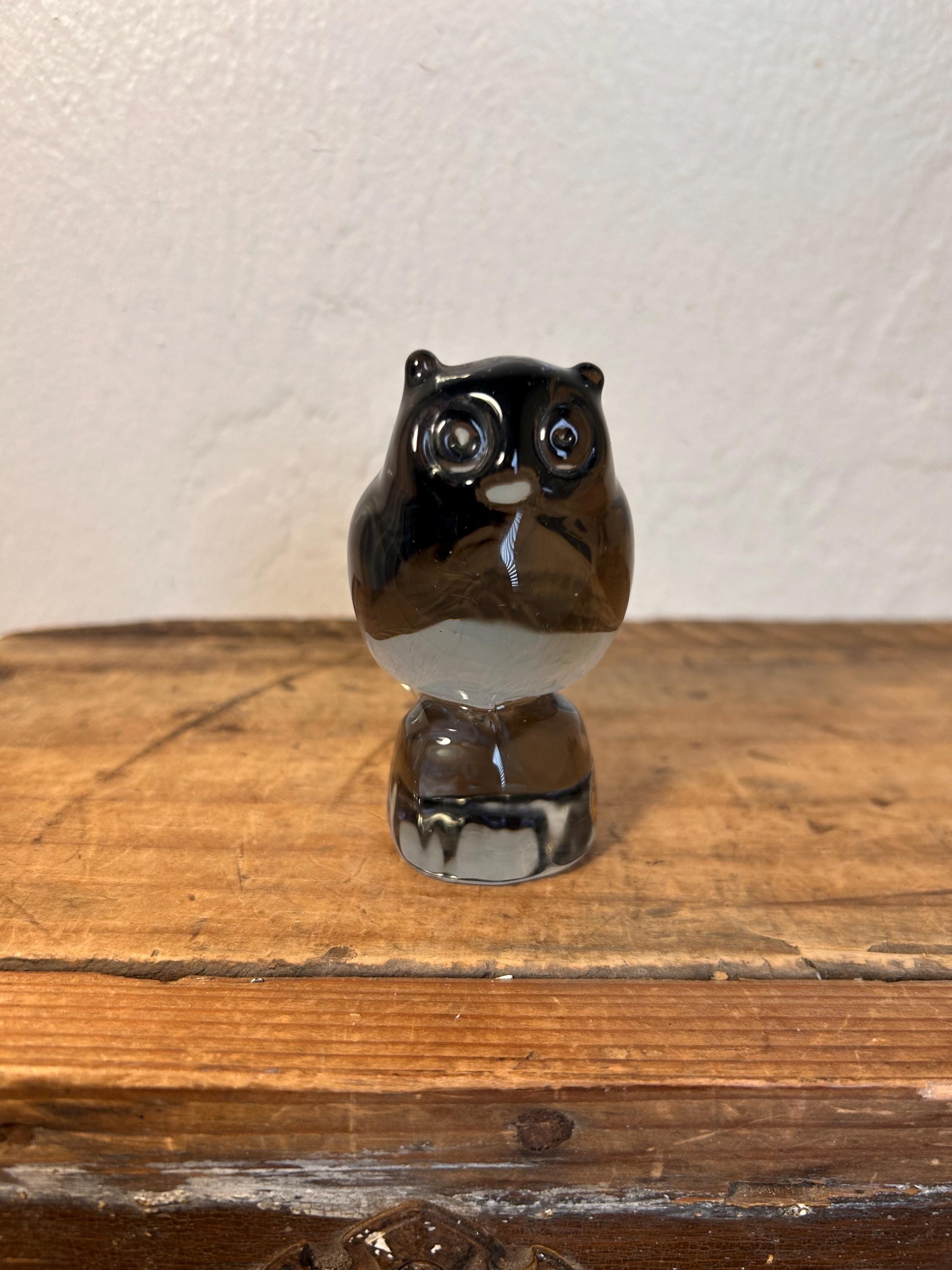 Vintage Smoky Grey Blown Glass Owl Figurine: Reijmyre Sweden