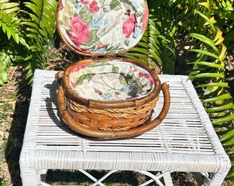 Vintage Woven Bamboo and Rope Lined Basket With Handles:  Cottagecore Home Style