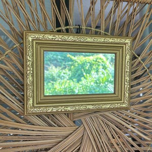 May include: A rectangular gold-colored framed mirror with ornate floral detailing. The mirror reflects a blurred green outdoor scene. The frame is hanging against a woven, natural-colored background.