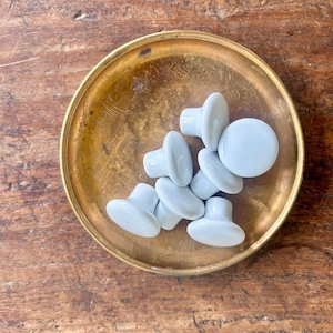 Set of Seven Vintage White Porcelain Drawer Pulls with Screws:  Retro White Ceramic Cabinet Knobs