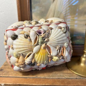 May include: A rectangular box covered in various seashells, including white, yellow, and brown varieties. The box has a red trim and is placed on a wooden surface. The seashells are arranged to create a textured, decorative effect.