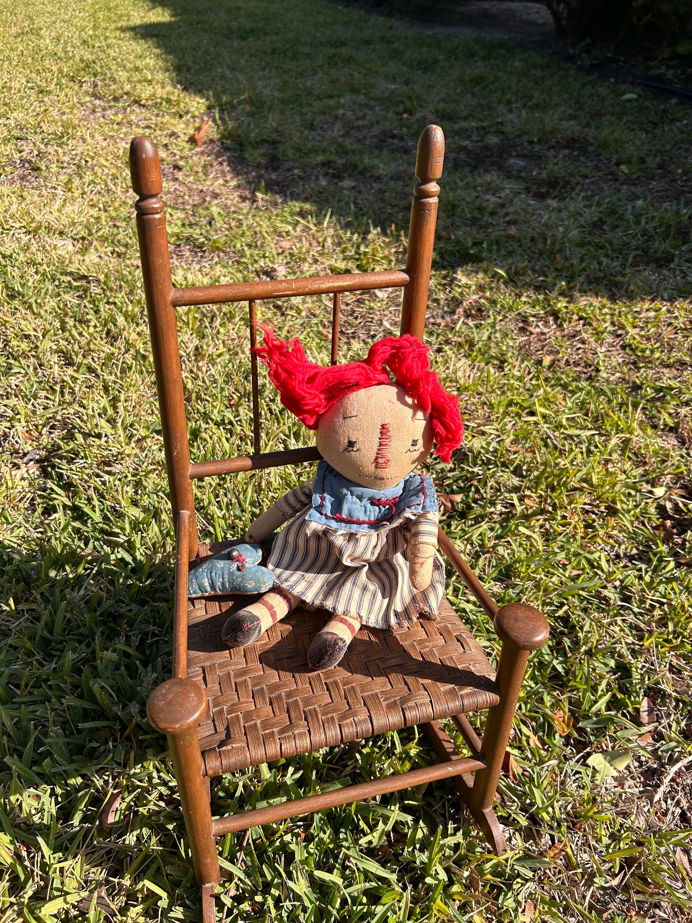 Vintage Handmade Wooden Splint Doll’s Rocking Chair With Arms ...