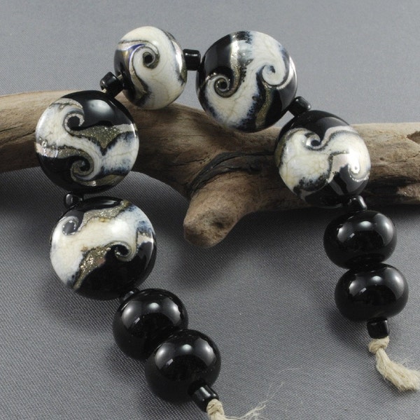 BLACK ICE - set of 4 lentil plus 5 round black glass beads