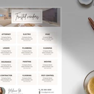 May include: A white sheet of paper with a list of trusted vendors for various services, including attorney, electric, HVAC, lender, plumbing, cleaning, insurance, painting, moving, contractor, flooring, and pest control. Each vendor is listed with a company name, website address, and phone number. The sheet also includes a contact name, phone number, and email address at the bottom.