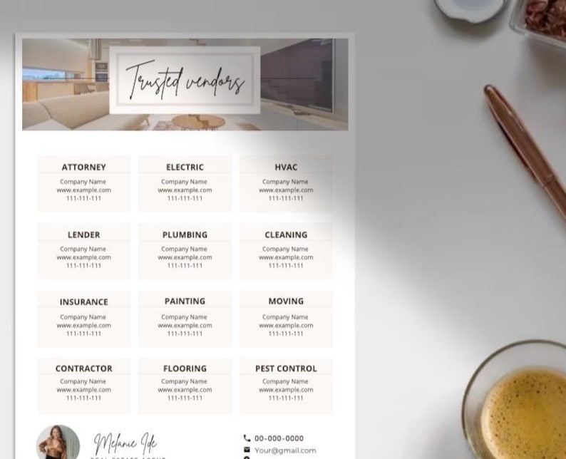 May include: A white sheet of paper with a list of trusted vendors for various services, including attorney, electric, HVAC, lender, plumbing, cleaning, insurance, painting, moving, contractor, flooring, and pest control. Each vendor is listed with a company name, website address, and phone number. The sheet also includes a contact name, phone number, and email address at the bottom.