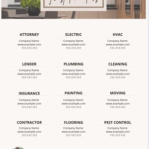 May include: A list of trusted vendors for various home services, including attorney, electric, HVAC, lender, plumbing, cleaning, insurance, painting, moving, contractor, flooring, and pest control. Each vendor is listed with their company name, website address, and phone number.