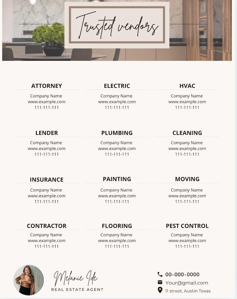 May include: A list of trusted vendors for various home services, including attorney, electric, HVAC, lender, plumbing, cleaning, insurance, painting, moving, contractor, flooring, and pest control. Each vendor is listed with their company name, website address, and phone number.
